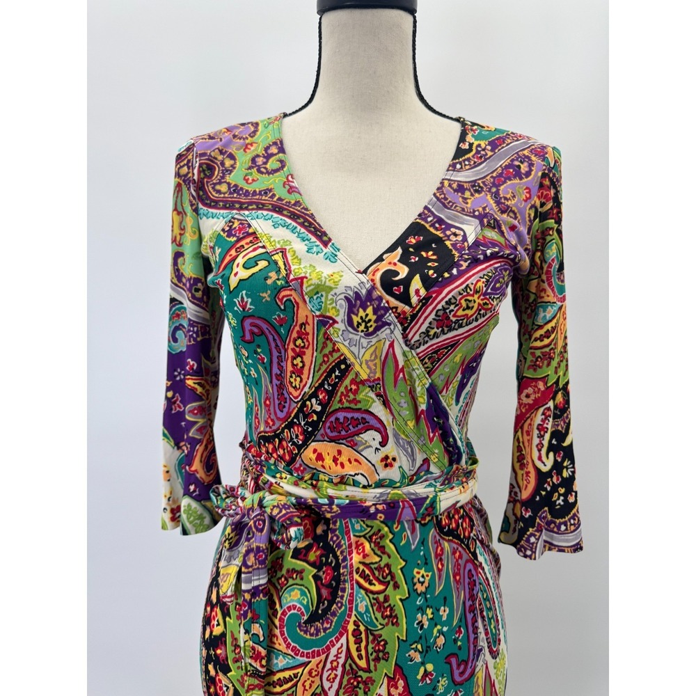 Etro Milano Boho 3/4 Sleeve Midi Wrap Dress Italy 38 Small 2 Deep V Belted Artsy - Picture 4 of 15
